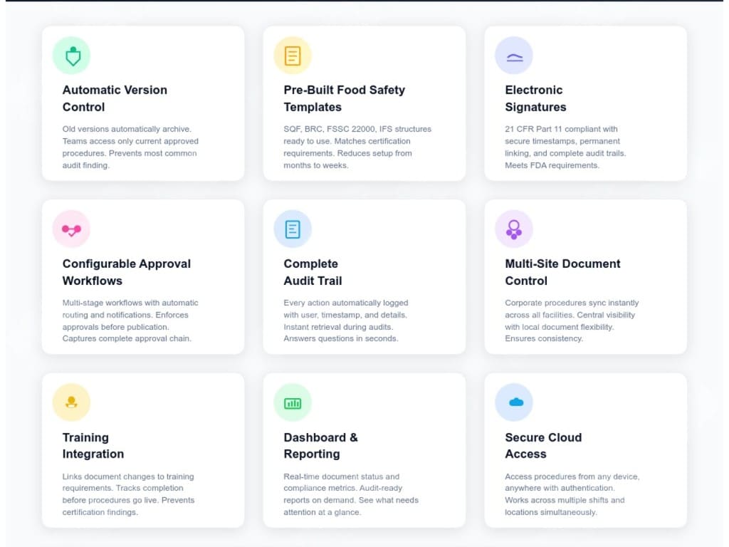 Key features of Smart Docs document management software for food safety compliance